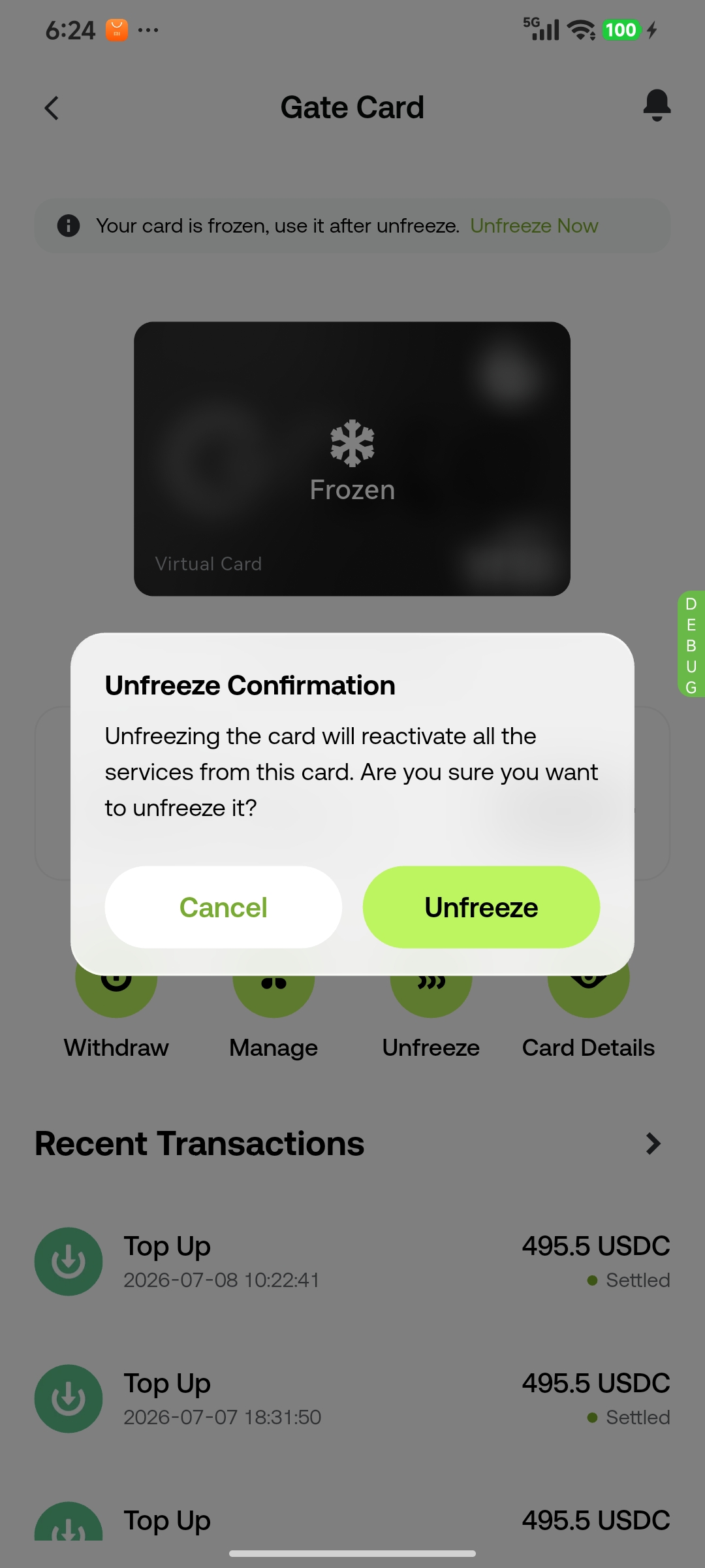 gate card unfreeze